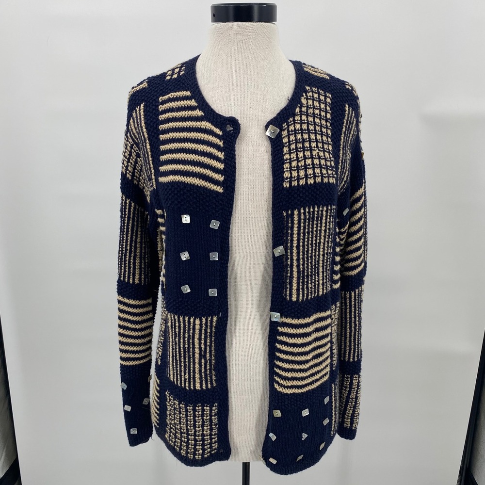 Talbots Hand Knit Patchwork Cardigan Navy Blue Cream Ramie Cotton Small Vintage